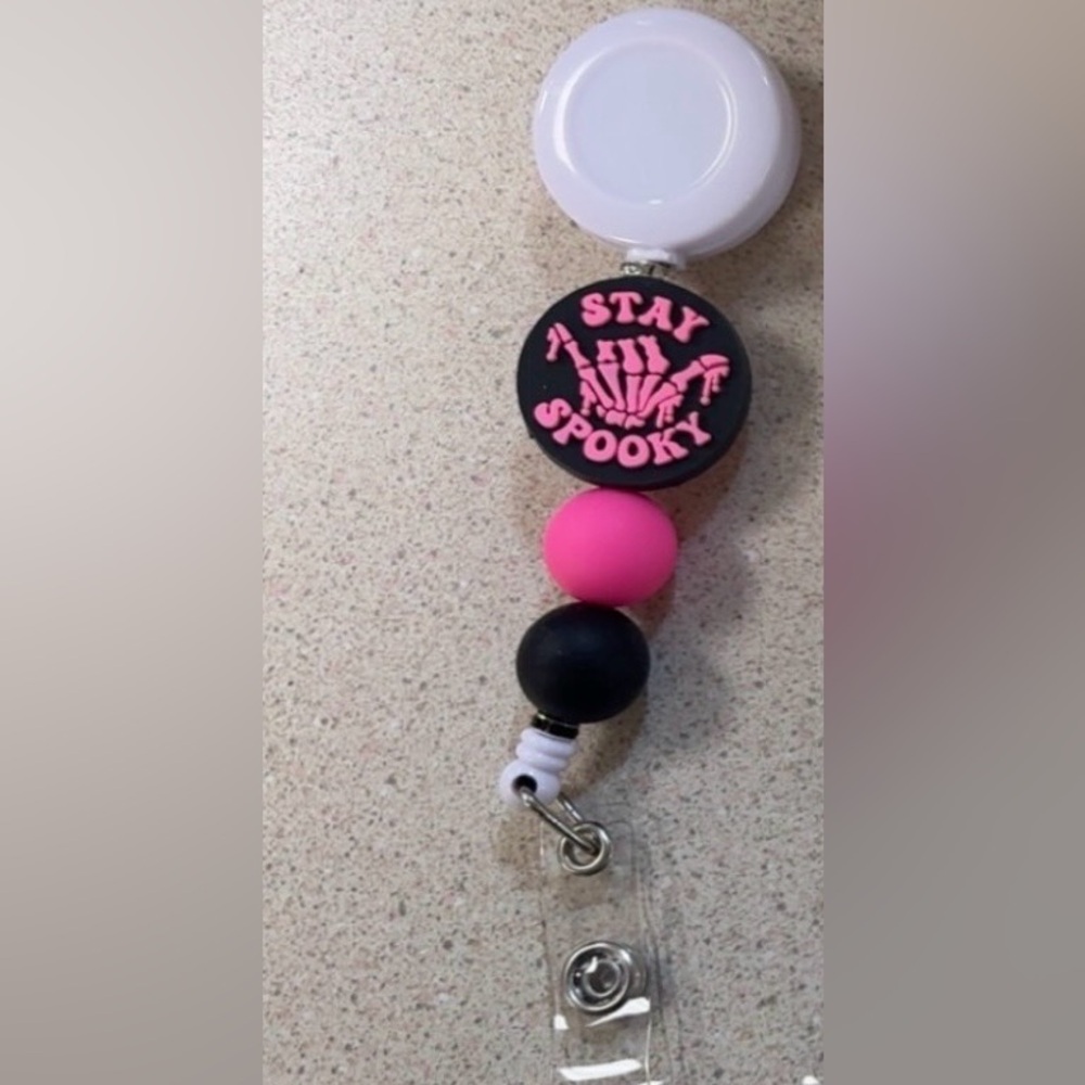 Stay Spooky Badge Reel with Pink and Black Beads